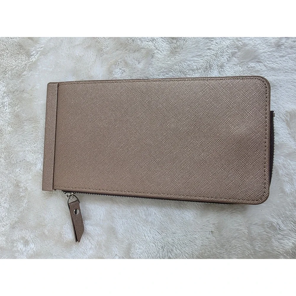 Heng Sheng Womens Metallic Bronze Crosshatch Bifold Wallet‎ 12 Card Slots Zipper